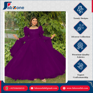 Red de tejido suave pesado Estilo elegante Ropa de fiesta de diseñador para mujer Mangas completas abullonadas Vestido de estilo pesado de 8 MTR con borla Dupatta - Product Image 4