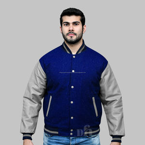 Chaqueta universitaria con mangas de cuero auténtico de Letterman de lana personalizada para hombre con parches y etiquetas de logotipos bordados de Color sólido - Product Image 1