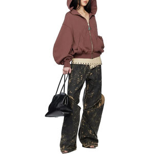 เสื้อฮู้ดดี้ผู้หญิงทรงครอป แขนยาวพอง ทรงหลวม ไหล่ตก แต่งซิปคุณภาพสูง สไตล์วินเทจ ล้างสี แต่งผ้าปะติด ฮู้ดใหญ่ - Product Image 3