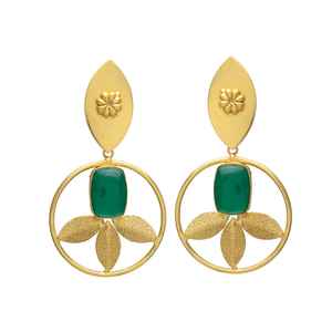 New Arrival Gold Plated Long With Leaf Design With Emerald Gemstone Earring Brass Earrings Classic Design for Women and Girl - Product Image 1