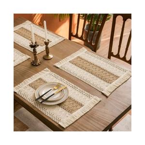 Tapis de table rectangulaires beiges boho brodés à la main paquet de 6 articles multi-utilitaires décor de fête de noël pas cher tissu plastique - Product Image 2