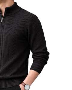 Pull en maille à col montant pour homme, noir uni, motif torsadé texturé, chaud, décontracté, pour l'hiver, OEM personnalisé, haute qualité pour homme - Product Image 3