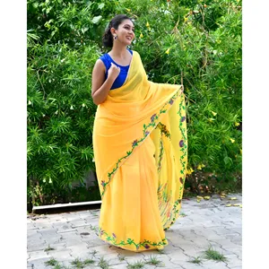 Sari Radhe Georgette Banarasi Amarillo, Sin Arrugas, de Secado Rápido, Largo Hasta el Suelo, Estilo Bollywood, para Bodas, Fiestas y Diwali - Product Image 5