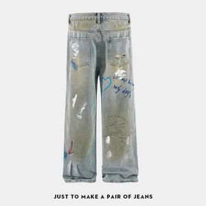 Haut de gamme hommes 100% coton jambe droite jean léger nouveau Style de rue américain Ruffian trous peints taille moyenne jambe large - Product Image 3