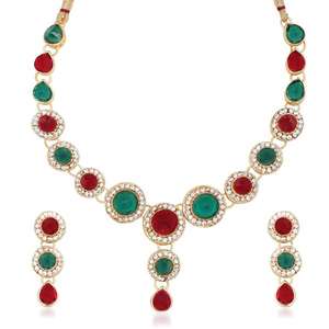 Kriaa Austrian Stone Necklace <b>Set</b> Gold Plated with Sapphire <b>Pearl</b> Diamond Rhodium Plated Fine Bridal or Gift Jewelry - Product Image 1