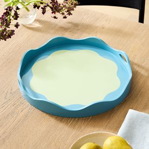 Gorgeous Round Scalloped Edge Lacquer Tray With Handles for Food <b>Drinks</b> Display Handmade Lacquered Serving Tray for Home Hotel - Product Image 2