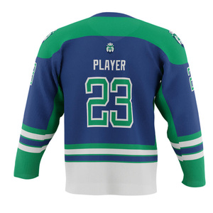 Maillot de hockey sur glace personnalisé en sergé bleu, vêtement de sport en polyester tendance, logo d'équipe, rayures sublimées, uniforme adulte anti-UV à séchage rapide - Product Image 4