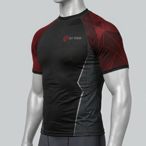 Zee Good Men's Short Sleeve <b>Rash</b> <b>Guard</b> Compression Shirt Black Red Geometric Print Quick Dry MMA <b>BJJ</b> Top - Product Image 2