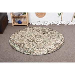 Tapis turc vintage classique beige vert 4.7x4,7 pieds grande surface patchwork motif laine avec support en latex pour couloir chambre - Product Image 1