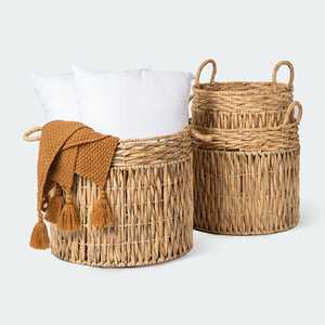 Ensemble de 6 paniers tissés en jacinthe d'eau brun clair surdimensionnés avec poignées, collection de plateaux de rangement pour l'organisation de la salle de bain - Product Image 5