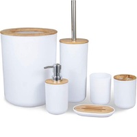 Ensemble d'accessoires de salle de bain en bambou 6 pièces avec poubelle distributeur de savon porte-savon porte-brosse à dents tasse à dents et brosse de toilette