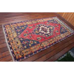 Turkish Vintage Rug 3.3x6.46 ft (100x197 cm), <b>Red</b> <b>Wool</b> Rug - Product Image 2