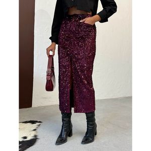 Topshow Sequin Velvet Long <b>Skirt</b> - [object Object] - Product Image 3