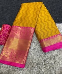 DERNIÈRE COTON SOIE JACQUARD TRAVAIL BORDER SAREE AVEC CHEMISIER NON COUDU VÊTEMENT DE MARIAGE PRIX DE GROS VÊTEMENT ETHNIQUE JAUNE FONCÉ - Product Image 1