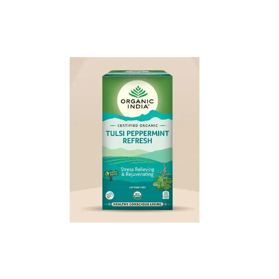 Tulsi Peppermint Refresh Natural Tea Organic India Adult Health Food 25 Infusion Bag Per/pack