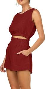 Ensemble d'été 2 pièces pour femmes Ensembles en coton et lin Coupe ample Col rond Sans manches Débardeurs élastiques Taille haute Ensemble short - Product Image 3