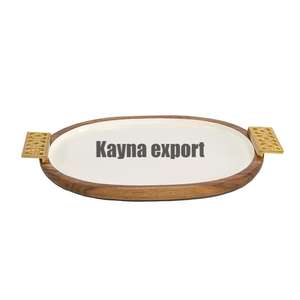 Luxury Oval Shape Serving Wood <b>Tray</b> With Beautiful <b>Gold</b> Handle With Natural Finished Kitchen And Wedding Decoration Serving <b>Tray</b> - Product Image 1