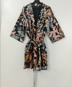 Kimono matelassé Kantha unisexe orné de motifs bohème fait à la main broderie indienne bord libre tricoté poche respirant long - Product Image 3