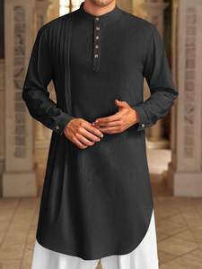 <b>Men's</b> Plus Size Cotton Kaftan Robe <b>Henley</b> <b>Shirt</b> Style Long Sleeve Casual Muslim Gown with Button Machine Washable Shalwar Kameez - Product Image 2