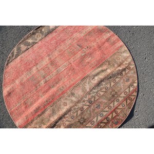 Vintage Turkish <b>Rug</b> 4.4 X 4.4ft Large Area Red Beige Wool Patchwork Design for Hallway <b>Bedroom</b> Rectangular Shape Latex Backing - Product Image 5