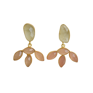Pendientes Largos Vintage Chapados en Oro de 18K con Prehnita, Calcedonia Rosa, Forma de Marquesa, Incrustaciones Geométricas, Engaste de Bisel, Latón, Agua Dulce - Product Image 1