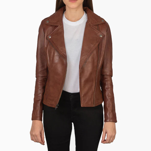 แจ็กเก็ตผู้หญิงหนังแท้สีน้ำตาลมีสไตล์เสื้อนอกนักขี่จักรยานเข้ารูปแบบกำหนดเองได้ - Product Image 4