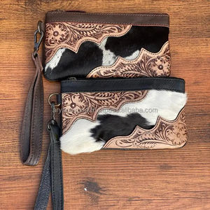 Nouveau élégant vrais cheveux faits à la main sur cacher usiné fourrure cuir bracelet embrayage vente chaude femmes conçu à la main peint pochettes à glissière - Product Image 2