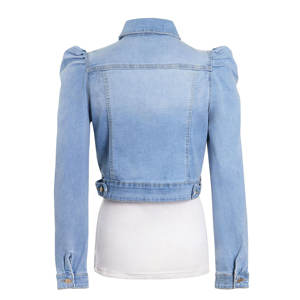 Customized Women <b>Jeans</b> Jacket Top Cotton Stretch Puff Sleeve Light Blue Short Length Acid Wash <b>Jean</b> Jacket Size 10 12 14 16 8 - Product Image 4