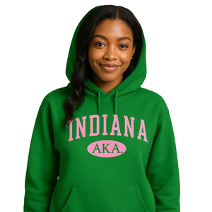 Sudadera con Capucha AKA Indiana State, Color Verde Kelly y Rosa, con Estampado Gráfico, Personalizada para Hermandades Griegas - Product Image 1