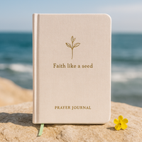 LABON Journal de prière Foi comme une graine Couverture en tissu crème Feuille d'or Design végétal Cahier d'écriture chrétienne avec ruban vert