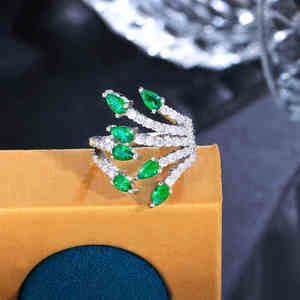 Bague ajustable en argent sterling plaqué argent, sertie de pierres de moissanite, motif feuille, bijoux classiques et imposants, unisexe, luxe - Product Image 2