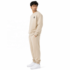 Men's Beige Crew Neck Sweatshirt Drop Shoulder Hoodies Fleece Regular Fit Solid Color Front Logo <b>Tracksuit</b> and Jogger Set B2B - Product Image 2