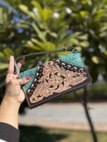 Portefeuille en cuir sculpté à la main, pochette pour téléphone, élégant, multi-usages, portefeuilles de couleur turquoise, portefeuille à poignet pour femmes