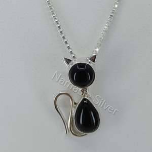 925 Sterling <b>Silver</b> Handmade Cat Pendant Necklace Black Onyx Gemstone Animal <b>Locket</b> Fashion Pendant Chain Gift for Her - Product Image 1