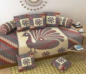 Juego de cama individual de algodón de 8 piezas con estampado de pavo real Indio elegante hermoso Deewan para decoración del hogar del dormitorio para regalar - Product Image 2