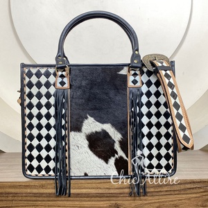 Large Capacity Work Business Hand Tooled Checkered Leather Tote Bag Fashion Portable Shoulder Bag <b>Laptop</b> Handbag for Women Daily - Product Image 1