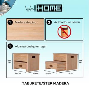 Sgabello a 2 Gradini WELL HOME con Finitura Non Verniciata 35x25x20 cm per Uso Domestico o in Ufficio - Product Image 2