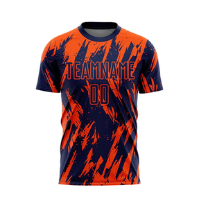 Camiseta de Fútbol Personalizada Sublimada con Impresión 3D, Naranja y Azul Marino, Manga Corta, Cuello Redondo, Secado Rápido, Nombre del Equipo Personalizado - Product Image 1