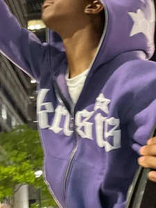 Fermeture à glissière personnalisée de haute qualité broderie bouffante strass impression poids lourd surdimensionné sur le visage sweat à capuche avec fermeture éclair complète - Product Image 4