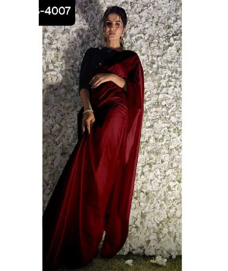 Plain Satin Silk Japan Silk Chiffon Georgette Saree With Digital Printed Blouse For Ladies Function Wear And Casual Wear Saree