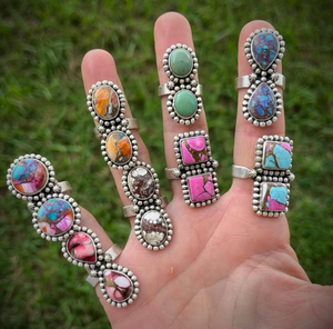 Two Stone Adjustable Bezel <b>Set</b> <b>Rings</b> Sterling <b>Silver</b> Turquoise Spiny Oyster Pink Conch Wild Horse Cotton Candy Handmade Vintage - Product Image 1