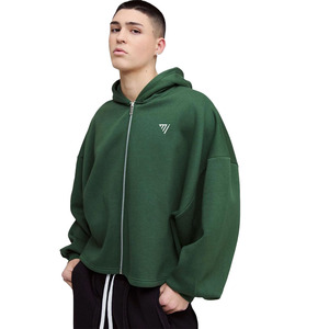 Sweat-shirts à capuche coupe droite extrême en molleton 100 % coton, écologiques, pour l'hiver, couleur vert uni, design épaules tombantes - Product Image 1