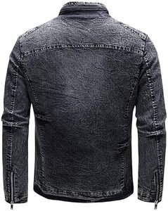 Veste en jean à col montant vintage pour homme Manteau de moto léger et décontracté Veste en jean chaude à fermeture éclair - Product Image 2