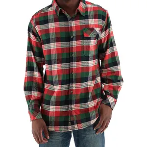 Essentials Men's Slim-Fit Long-Sleeve Button Down Two-Pockets Green Red Plaid Flannel Shirts