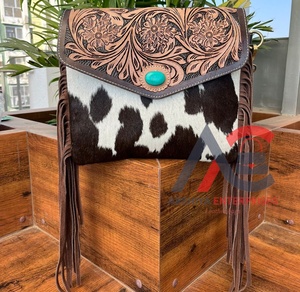 Sac à main à franges en cuir de vachette taillé à la main bohème pour femmes Western véritable cuir Turquoise pierre enveloppe sac à main - Product Image 1