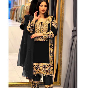 กำมะหยี่วิสคอสหนักพร้อมงานปักหนักด้วยงานปักเพชรด้วยงานฝีมือแฟนซี Moti ลูกไม้เต็มขอบแขน - Product Image 1