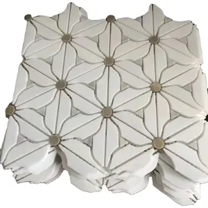 Pola bunga batu putih marmer emas bulat logam ubin mosaik