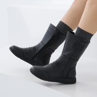 JSHOE sepatu bot kulit sapi asli, sepatu bot wanita gaya Korea nyaman anti selip, sepatu kulit lembut 3cm, sepatu betis setengah, kulit hangat, buatan tangan