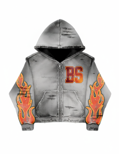 Sudadera con cremallera de lana gruesa y pesada de invierno 400 GSM color gris Diseño de manga de llama bordado de chenilla personalizado sudaderas básicas de moda - Product Image 1