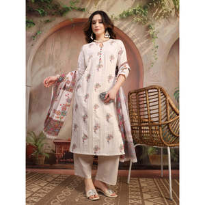 ชุดคุร์ตาผ้าฝ้ายพิมพ์ลายสีขาวนวลทรงเอไลน์สำหรับผู้หญิง พร้อมผ้าคลุมไหล่ - Product Image 4